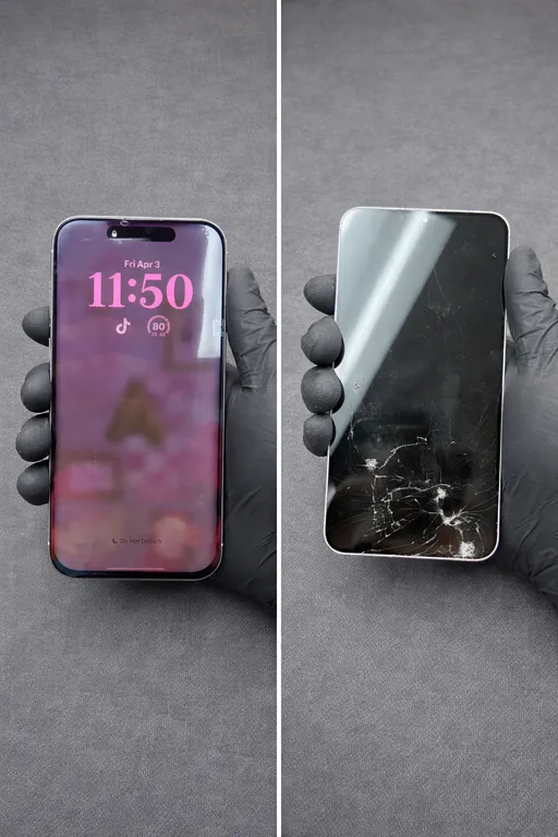 iPhone screen repair before and after — cracked screen repaired to perfect condition by iMobile Phone Repair technician in Lake Worth FL