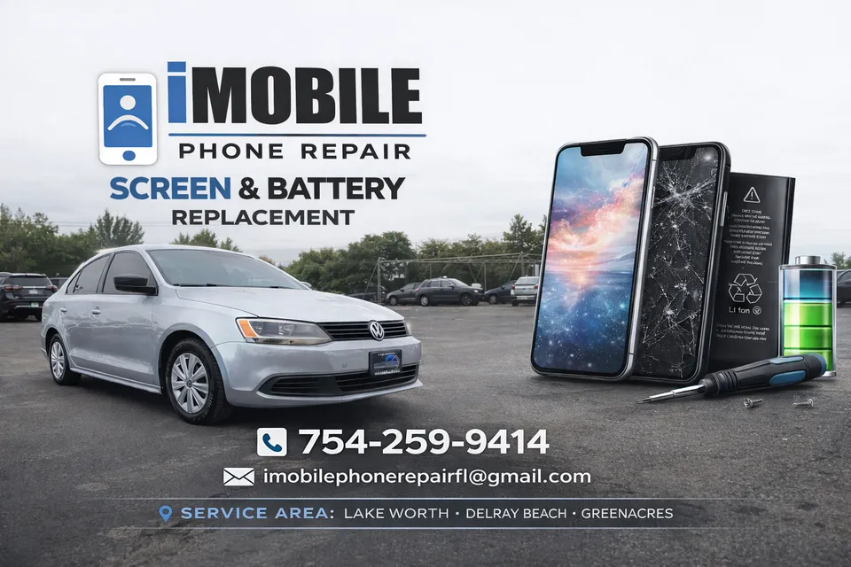 iMobile Phone Repair — screen and battery replacement service with branded vehicle, serving Lake Worth, Delray Beach, Greenacres FL. Call (754) 259-9414